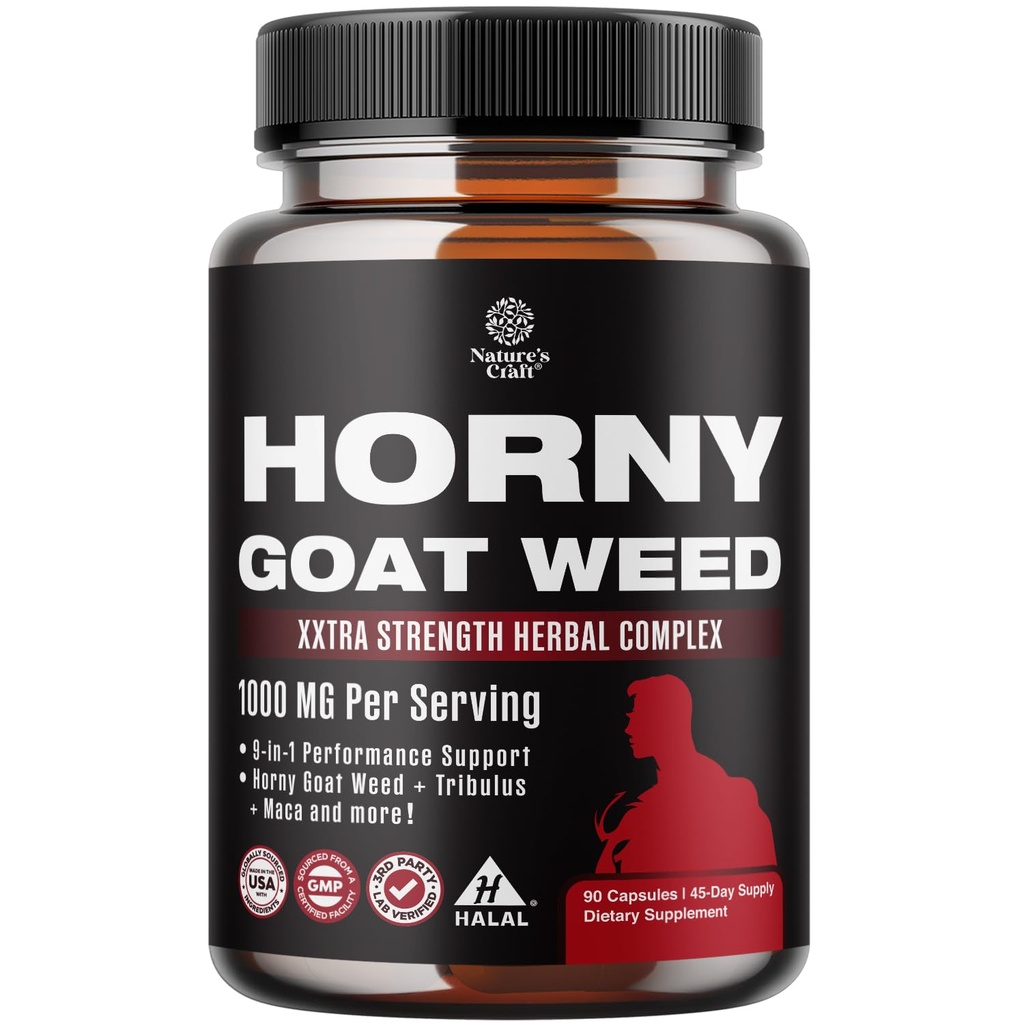 Natures Craft Horny Goat Weed for Men - Extra Strength Male Supplement with Black Maca Root, Tongkat Ali, Saw Palmetto & Panax Ginseng Extract for Stamina & Energy - 90 Count