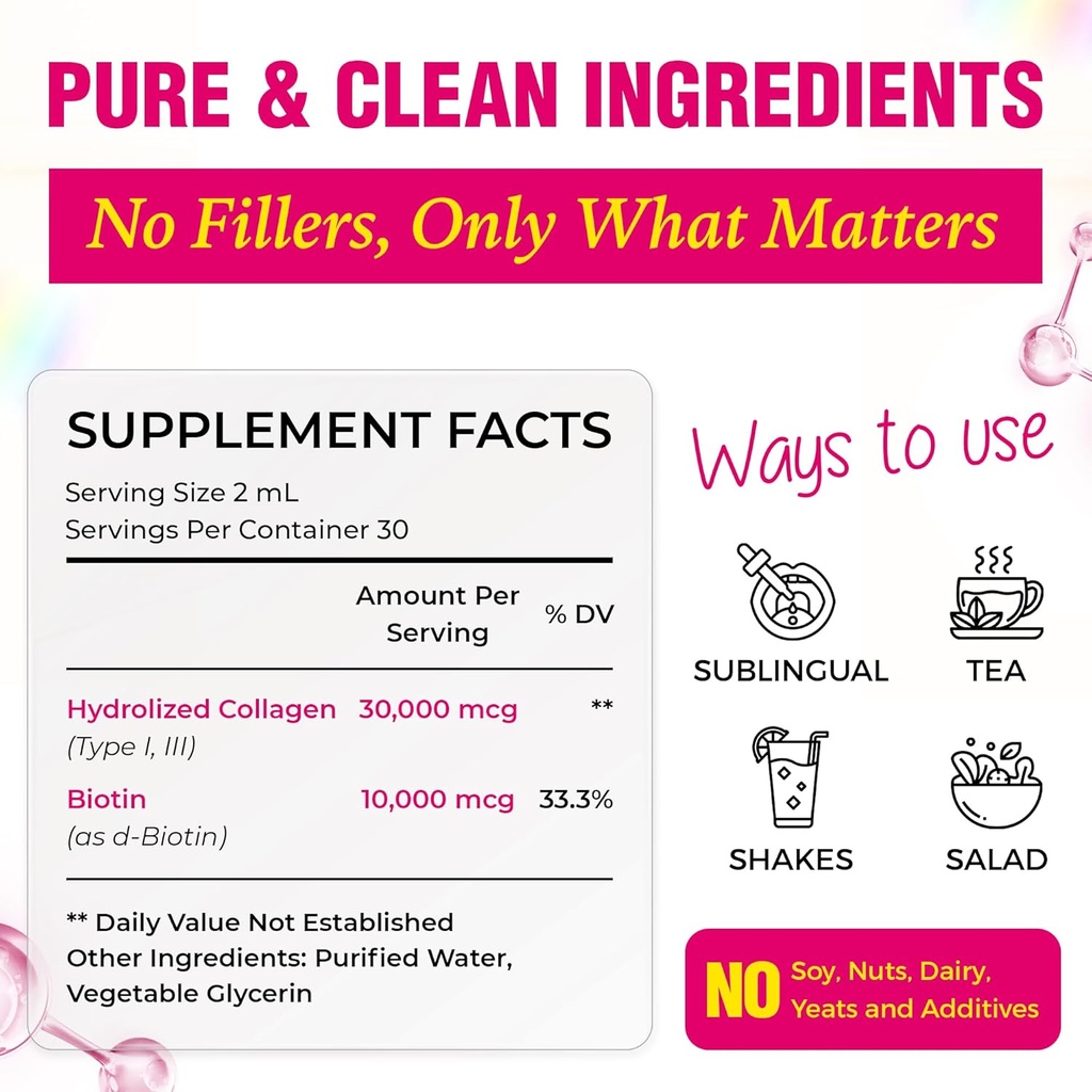 Liquid Collagen & Biotin, 2 Fl Oz (Pack of 2), 40000 mcg for Hair Skin Nails, Vitamin B7 Hydrolized Collagen Peptides Suplemen Perempuan, Bioactive Form, Sugar Free, Raspberry Flavor