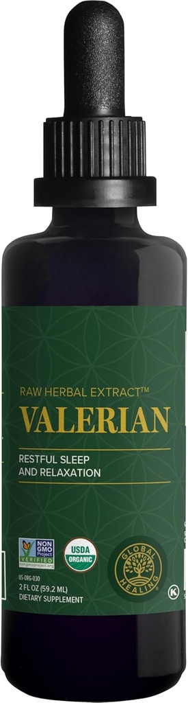Global Healing Organic Valerian Root Extract Liquid Supplement - Rå urteekstrakt for sunn avslapning, søvn og ro -Alternativ til Valerian Root Kapsler for biotilgjengelighet - 2 Fl Oz