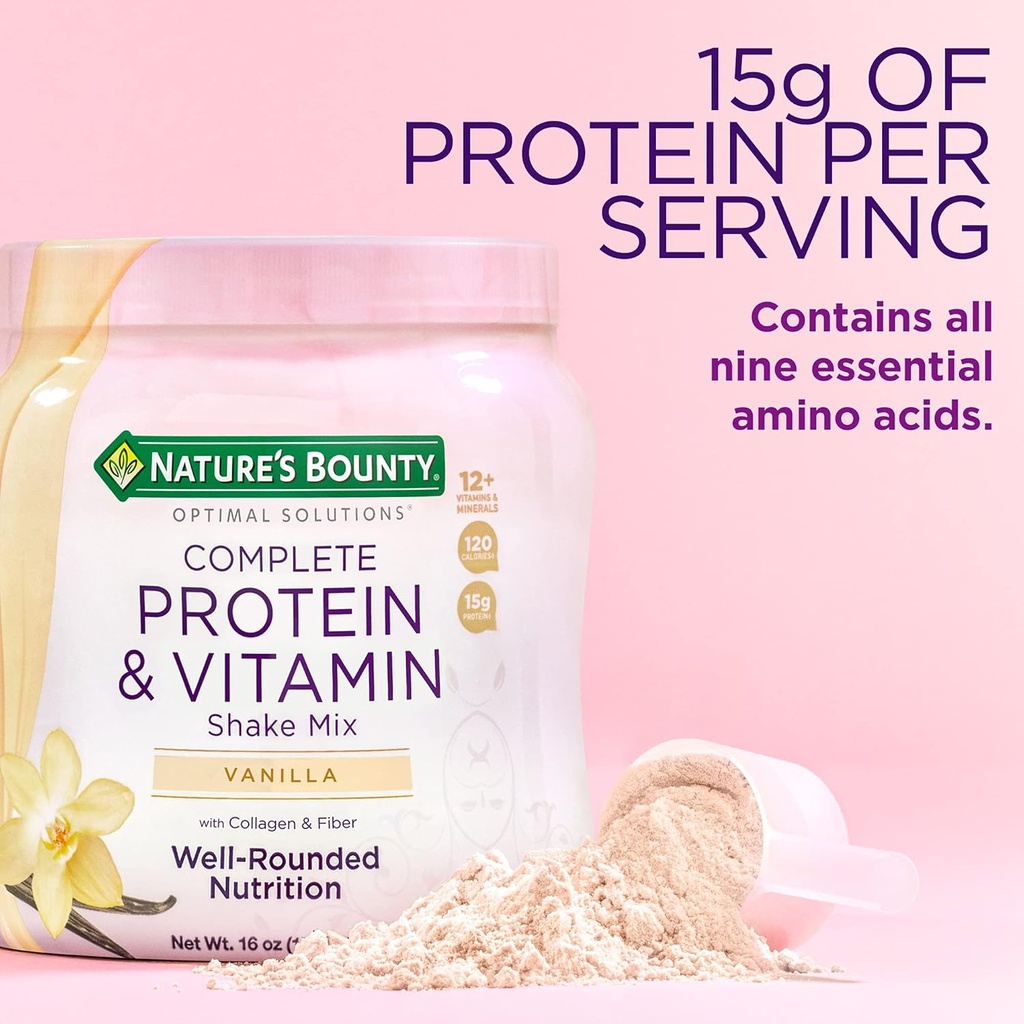 Nature's Bounty Complete Protein & Vitamin Shake Mix kollageeni ja kiudainega, sisaldab C-vitamiini immuunsuse tervise jaoks, vanilje maitsestatud, 1 nael (pakk 2)