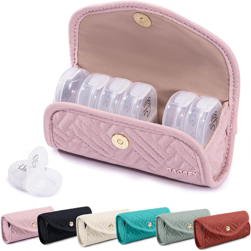 BAGSFY Weekly Pill Organizador 2 veces ao día nun fermoso caso de pílula tecido, Medicine Bag, AM PM Pill Box 7 día, Portable Medical Travel Case para pílulas, vitaminas, aceites de peixe, Suplementos.