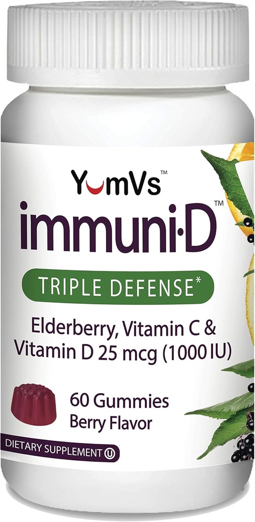 ImmuniD Elderberry Gummies por YumVs | Triple Defense Vitamins with Sambucus Elderberry, Vitamina C & Vitamina D | Soporte completo do sistema inmunitario para mulleres e homes | Natural Berry Flavor-60 Count