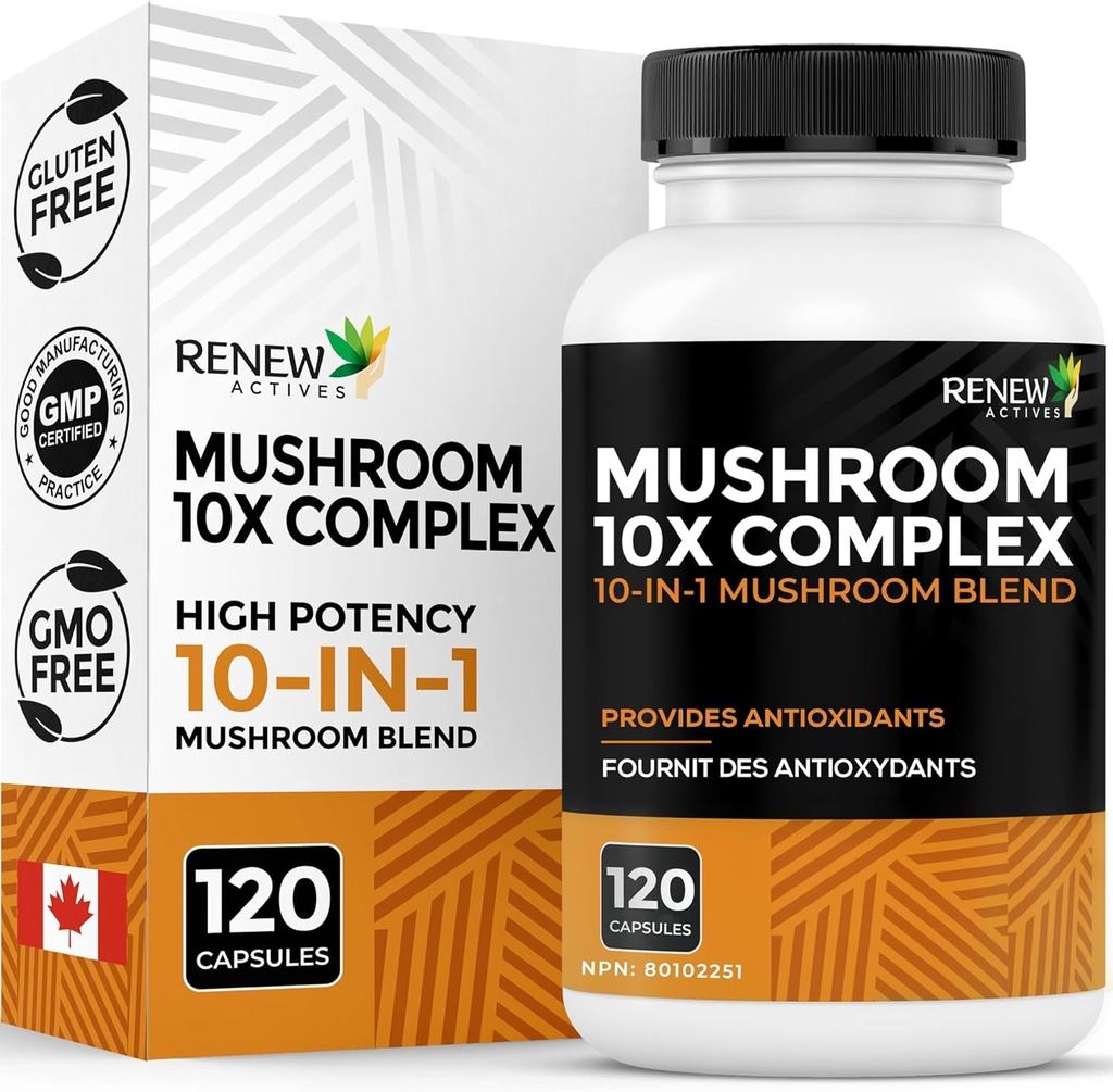 RENEW ACTIVES Mushroom Complex 2 Capsule per Serving – 10 miscela di funghi con antiossidanti per la salute e il benessere immunitario – Supporta la vitalità generale e il benessere a lungo termine – Made in Canada - 120 Capsule