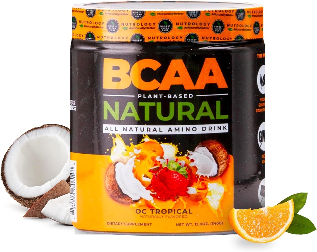 Nutriologia BCAA Natural - Plant Based BCAA Power, Orange cocos Flavor, Optimitzat 2:1: 1 relació Amino Acids Powder per Pre Workout & Post Workout Recovery, Vegan, Guten-Free, No-GMO, 30 Servs