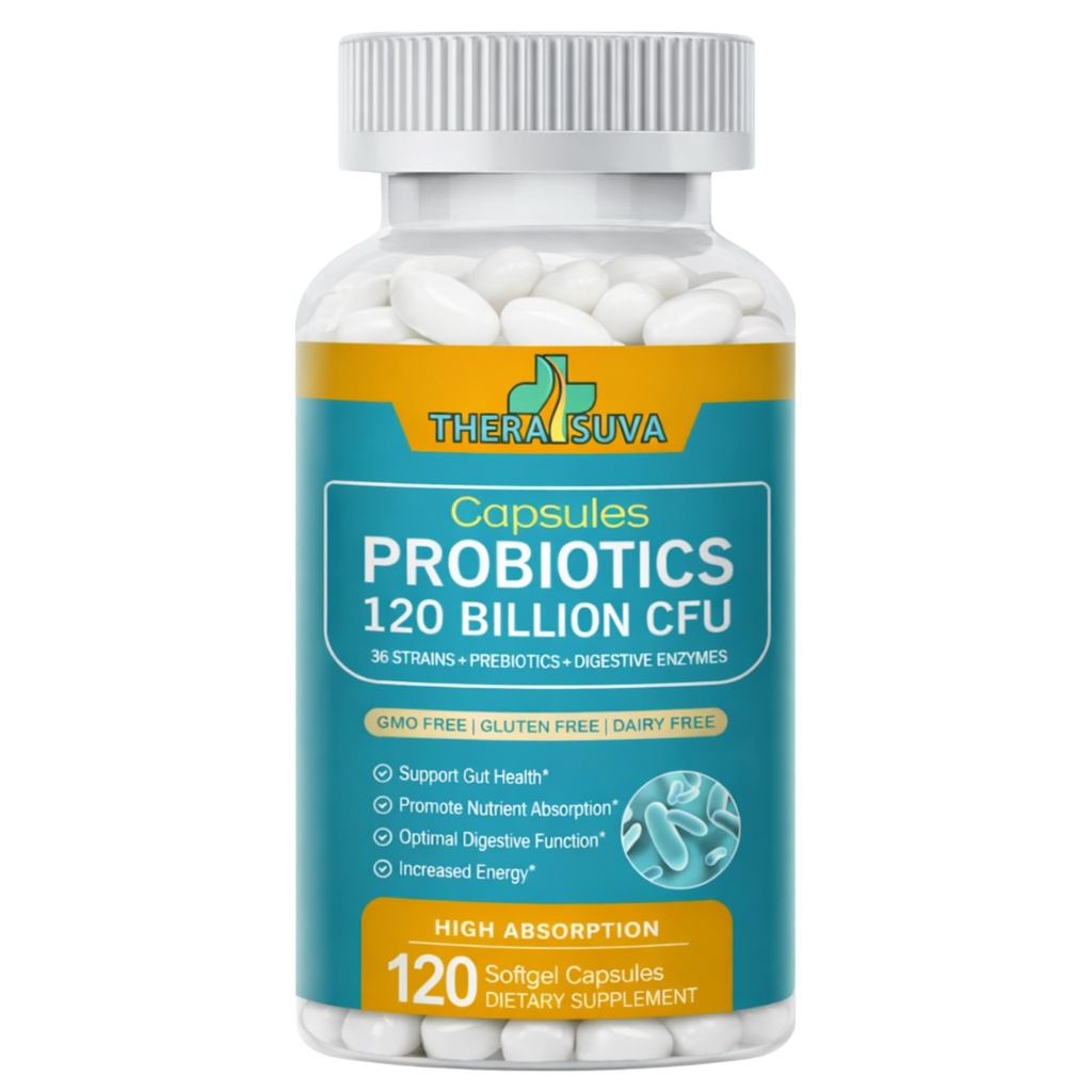 TheraSuva Probiotics 120 Billion CFU-36 Strains + Organic Prebiotics + Natural Whole Food Supplement for Ultimate Gut Health Support- 2 Month Supply, 120 Softgels