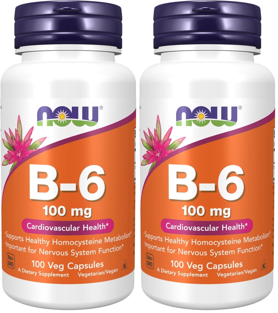 NOW Supplements, Vitamin B-6 (Pyridoxine HCl) 100 mg, Cardiovascular Health*, 100 Veg Capsules (Pack of 2)