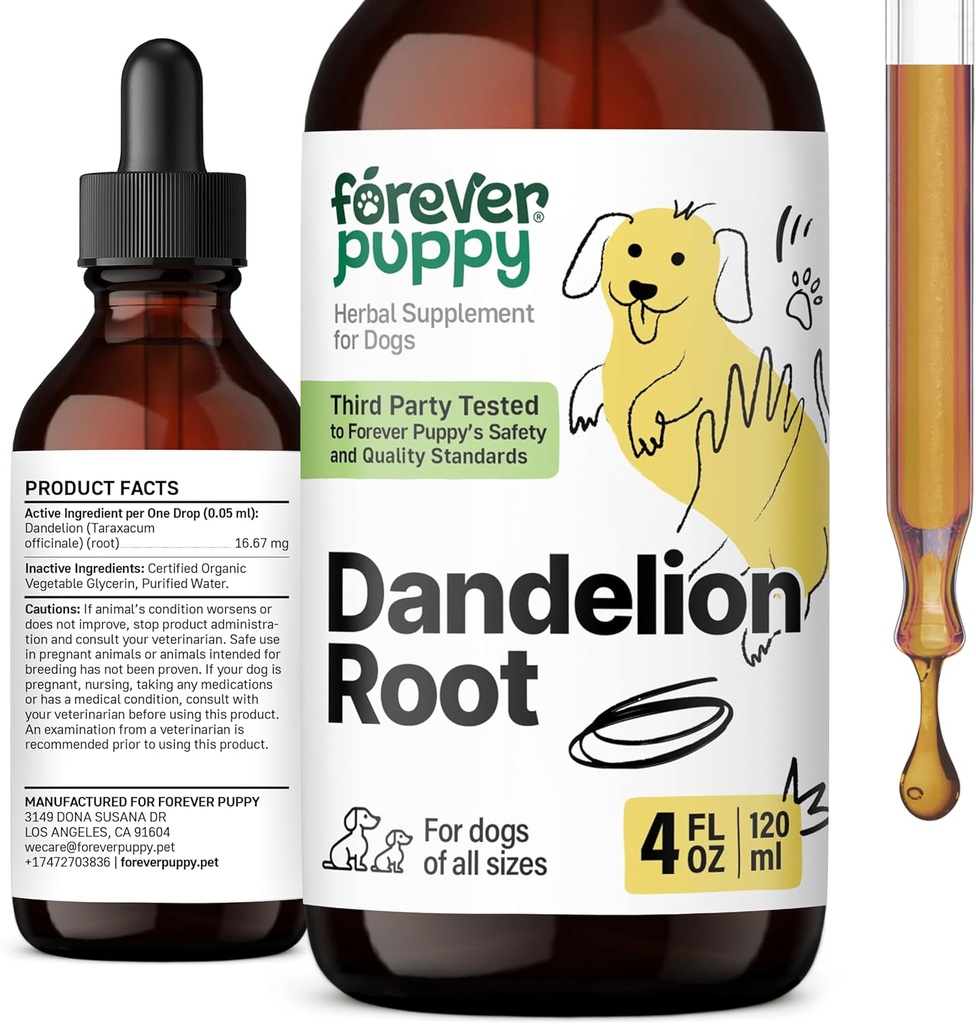 Forever Puppy Dandelion Root Drops for Dogs - Liquid Liver Health Supplement for Large, Medium & Small Dogs - Liver Cleanse Detox Drops w/Dandelion Root Extract - 4 oz