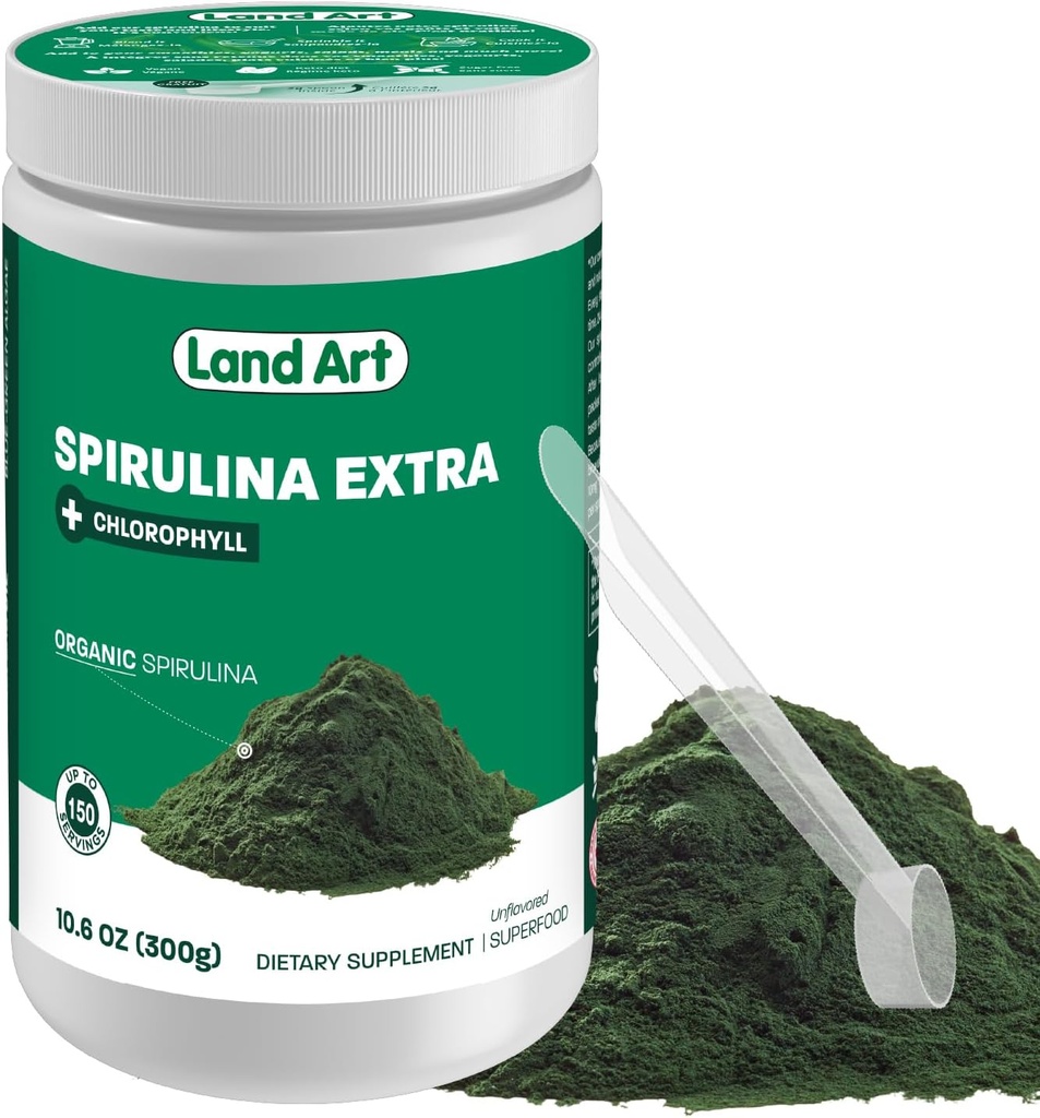 Land Art Certified Organic Fresh Spirulina 300g - השתפר עם bioavailable Chlorophyll הוסיף - Unflaved - מקור נקי - 3rd Party Tested - Measurement Spoon Inside