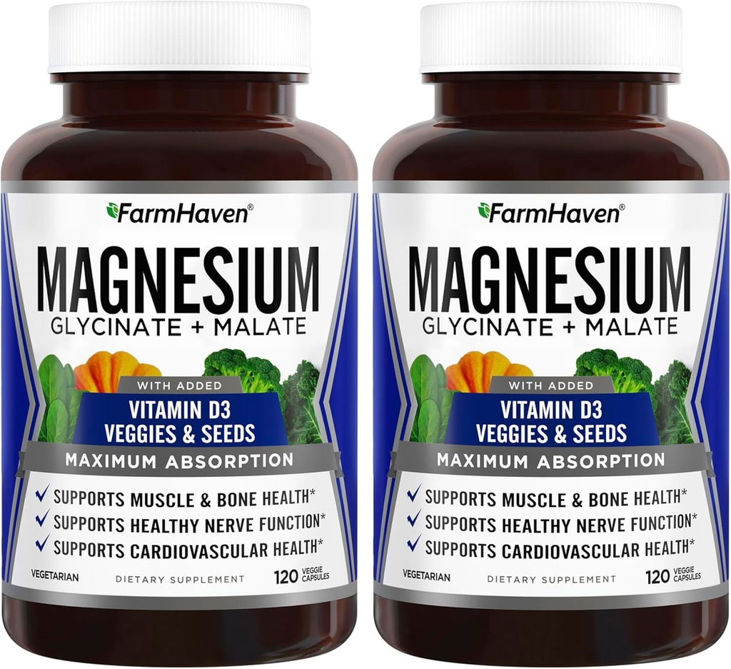 FarmHaven Magnesium Glycinate & Malate Complex w/Vitamin D3, 100% Chelated for Max Absorption- Bone Health, Nervi, Muscoli, 240 capsule, 120 giorni
