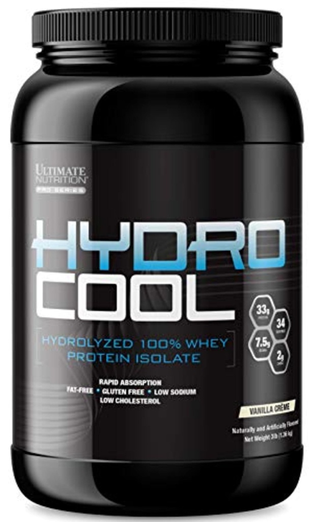 Ultimate Nutrition HydroCool Hydrolyzed Whey Protein Isolate Powder with No Bloating - Fat and Gluten Free, Rapid Absorption, 33 Grams of Protein, Vanilla, 3 Pounds