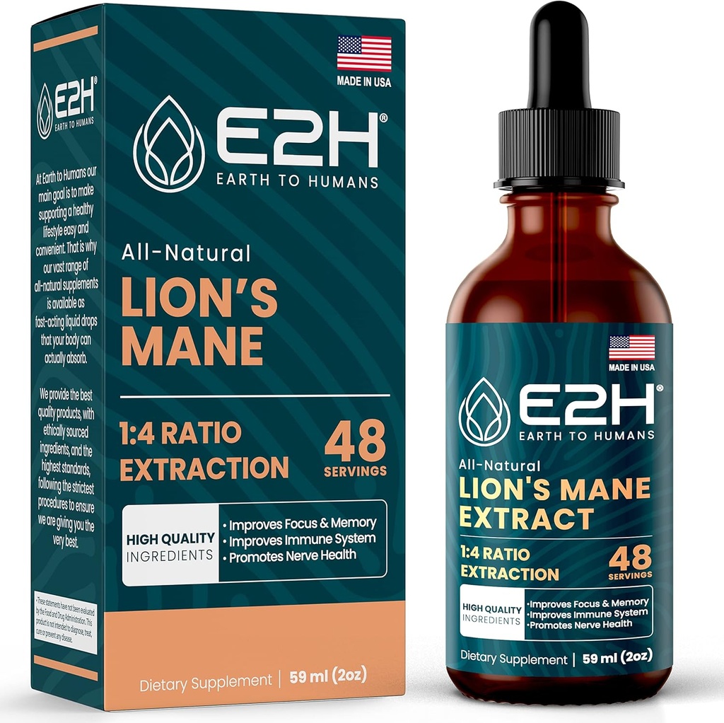 Lions Mane - Lions Mane Supplement - Memotes Mental Clarity, Memory & Focus - Liquid Mane untuk Dukungan Imune - Mushroom Tacture - 2 Fl Oz oleh E2H