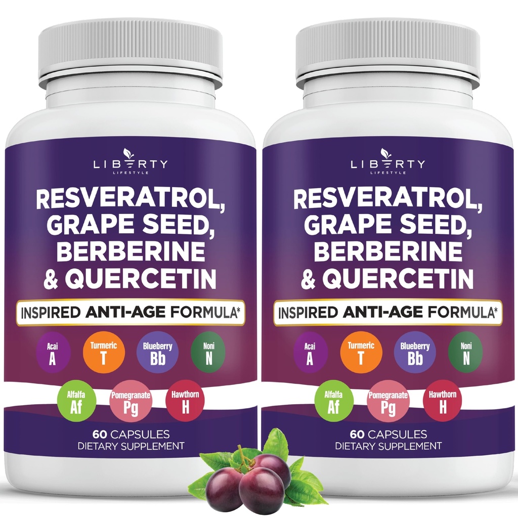 Liberty Lifestyle Resveratrol, Berberine, Grape Seed Extract, Quercetin, Polyphenol Supplement for Women and Men with Noni Extract, N-Acetyl Cysteine, Acai Extract - 2-Pack