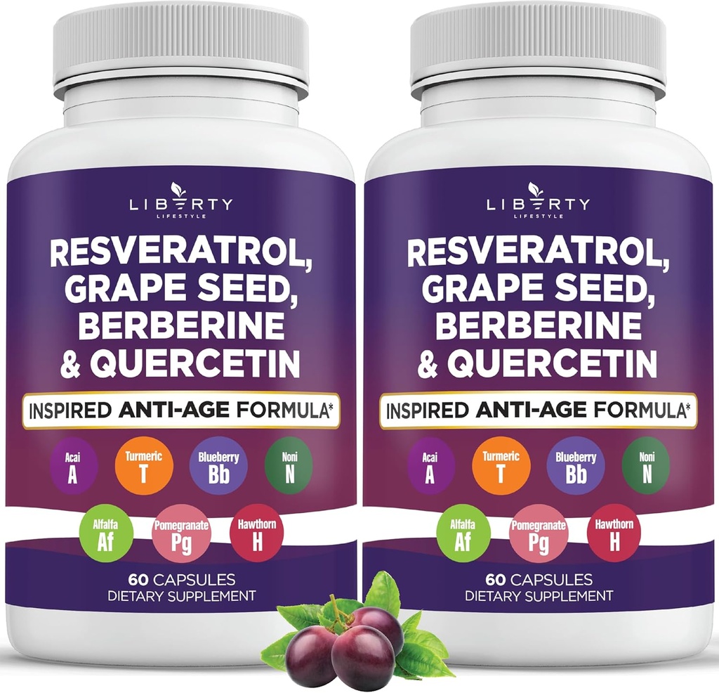 Resveratrol, Berberine, Grape Seed Extract, Quercetin, Polyphenol Supplement för kvinnor och män med Noni Extract, N-Acetyl Cysteine, Acai Extract - 2-Pack