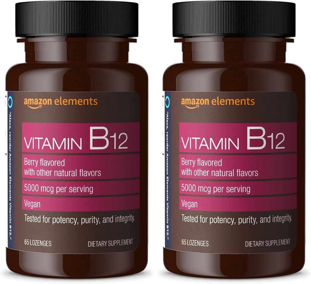 Elementy Vitamín B12 Metylkobalamín 5000 mcg - Normálna výroba energie a metabolizmus, Imunitný systém Podpora - 2 mesiace dodávky, Berry Ochutené Lozenges, 65 Počet (Stock of 2)