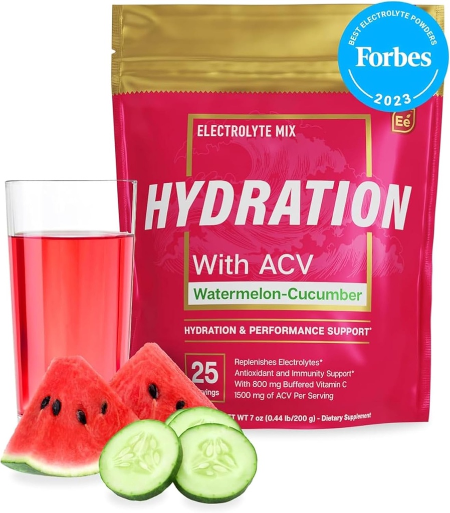 Eteriniai elementai Hydration Packets - Watermelon Cucumber Pack - Cukraus nemokamai elektrolitų miltelių pakuotės - 25 Pick Pactes of Electrolytes Mill No Sugar - Hidration Drinkinti - su ACV & Vitaminas C