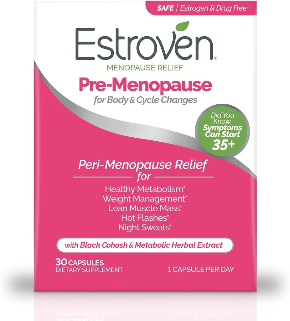 Estroven Relief pred menopavzo, 30 Ct., Klinično dokazano sestavine, Zagotavlja Menopavse Relief plus nočno potenje & vroče Flash Relief, brez zdravil ali estrogena