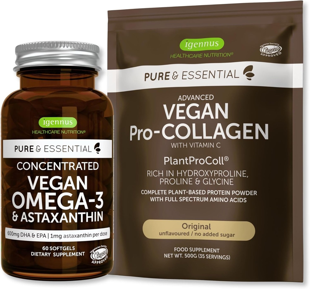 Pure & Essential Vegan Collage Peptid Protein Powder & Vegan Omega 3 Bundle, Komplett Collage Boosting Formula & Bærekraftig Algae Olje 1340mg, av Igennus