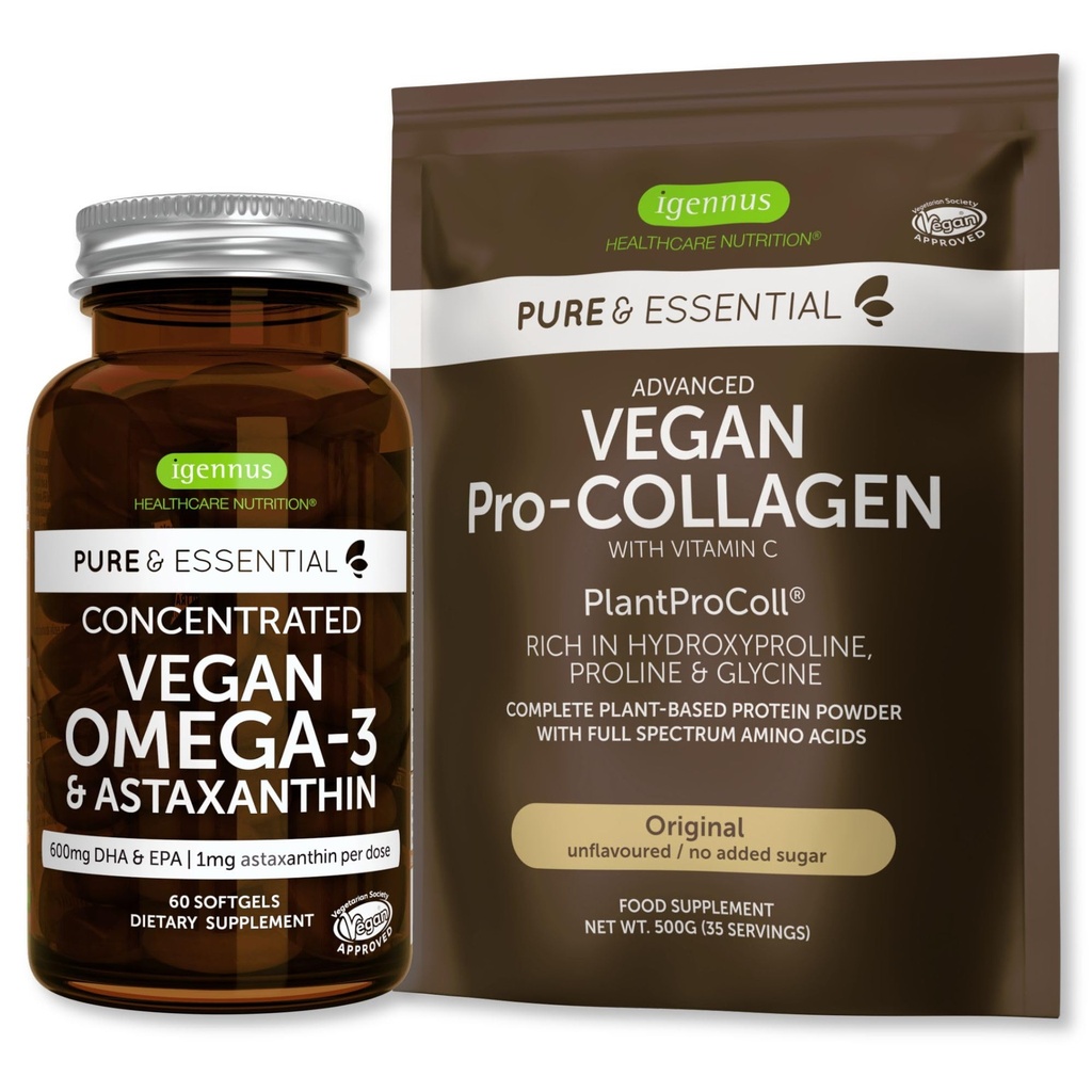 Pure & Essential Vegan Collagen Peptide Protein Powder & Vegan Omega 3 Bundle, Complete Collagen Boosting Formula & Sustainable Algae Oil 1340mg, by Igennus