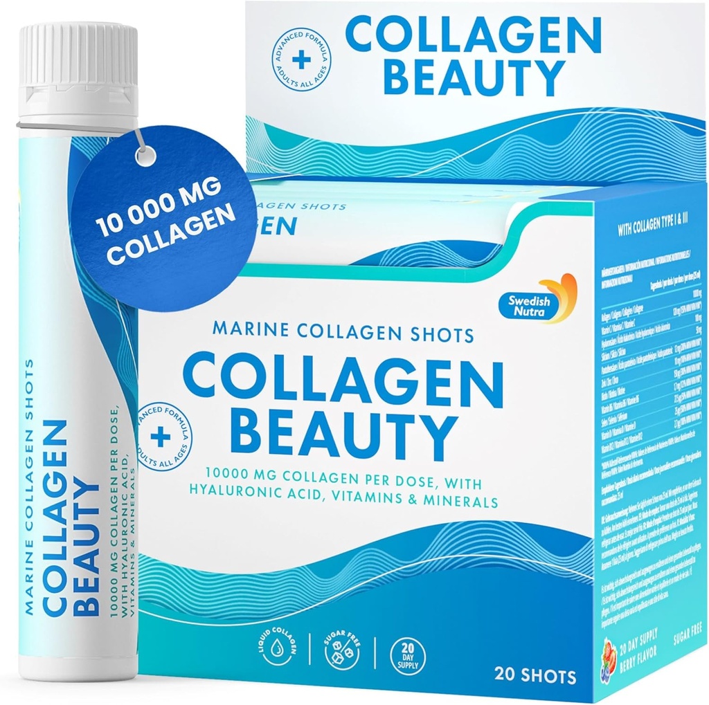 Swedish Nutra - Collagen Beauty 10 000 mg Hydrolysed Marine Collagen Liquid Supplement - 20 x 25 ml Päivittäiset shotit Hyaluronihappo ja C-vitamiini tukevat terveitä hiuksia, ihoa, kynsiä