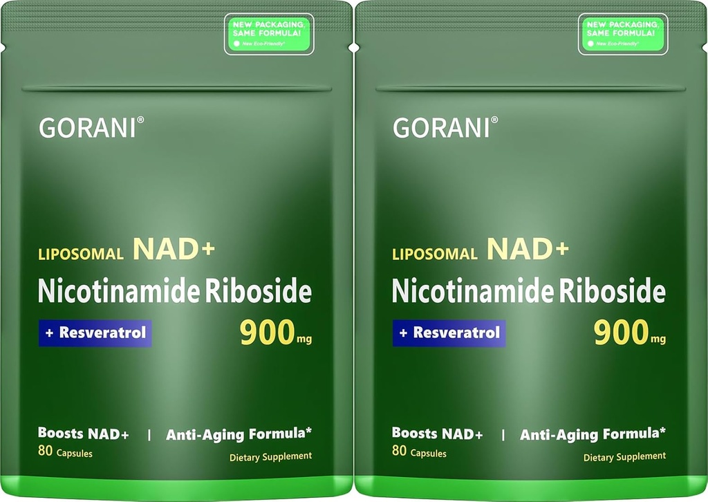 Gorani NAD+ Supplemento 900MG – Nicotinamide Riboside, Liposomal Resveratrol & Quercetin – Supporta energia cellulare & Antiossidante Salute – 80 capsule