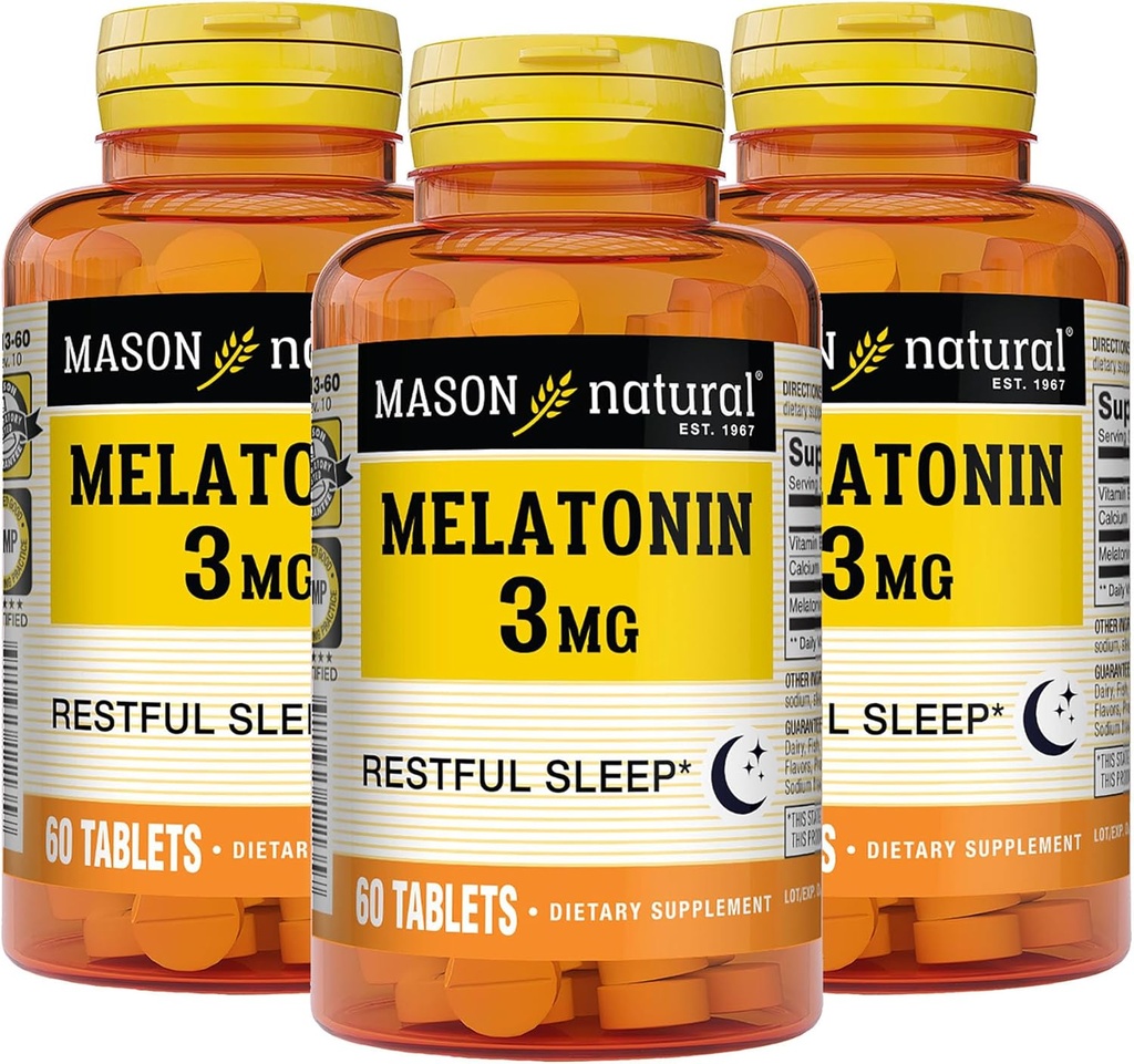 MASON NATURAL Melatonin 3 mg B6 & kalcium, természetes alvástámogatás, támogatás nyugalmi alvás, 60 tabletta (3-as csomag)