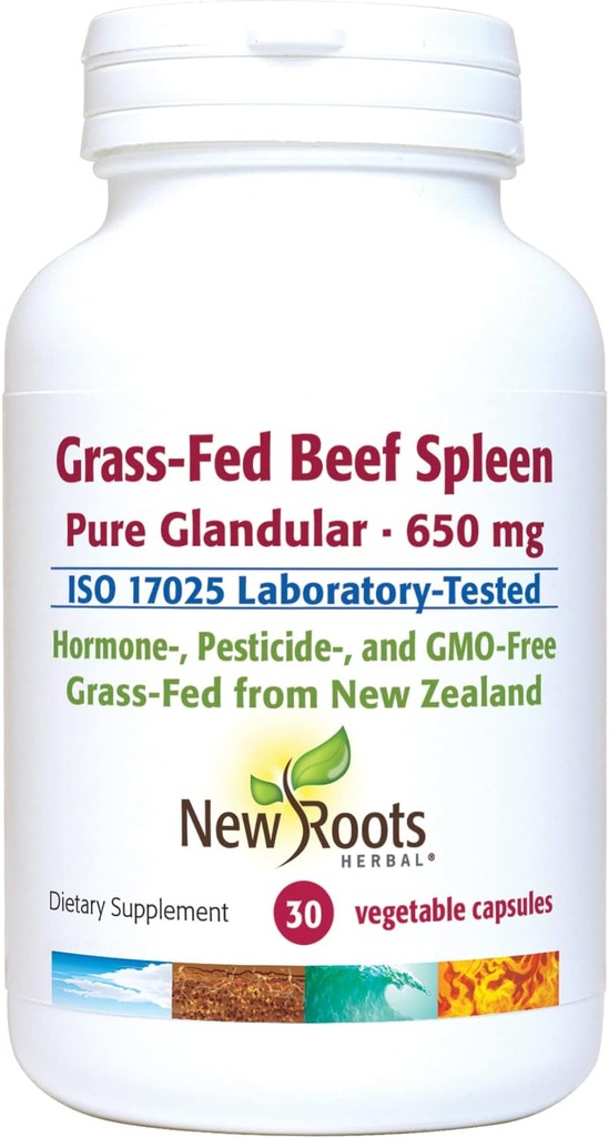 NEW ROOTS HERBAL Grass- Fed Beef Spleen (30 Veg caps) 650 mg CUR 124; Grass- Fed New Zealand Freeze Sured Beef Spleen Dodatek CUR 124; Podporuje imunitu, Spleen Function CUR 124; Non- GMO