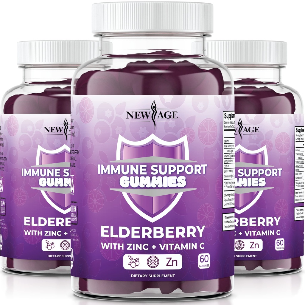 NEW AGE Immune System Support Gummies - Sambucus Black Elderberry Gummies with Vitamin C and Zinc (180 Count (Pack of 3))