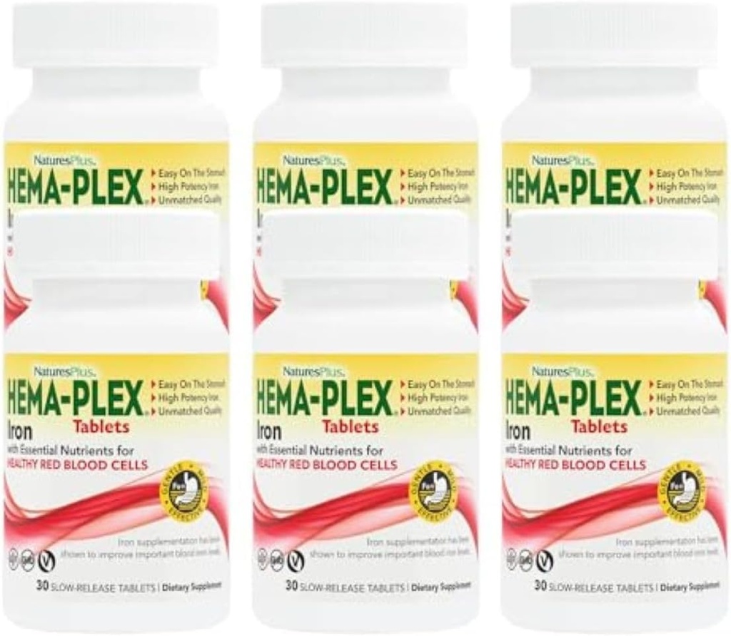 NaturesPlus Hema-Plex Iron - 30 טבליות שחרור סוסטידיות, Pack of 6-85 מ"ג Elemental Iron - Total Blood Health - עם ויטמין C & Bioflavonoids - טבעוני, גלוטן חינם - 180 שרתי זהב מלאים