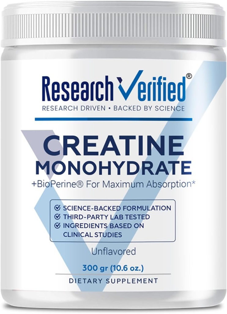 Researchified Creatine Monohydrate - Support Optimal Muscle Growth, Enhance Performance - 5000mg Creatine Monohydrate - BioPerine - 60 Servings - Unflavored - Vegan
