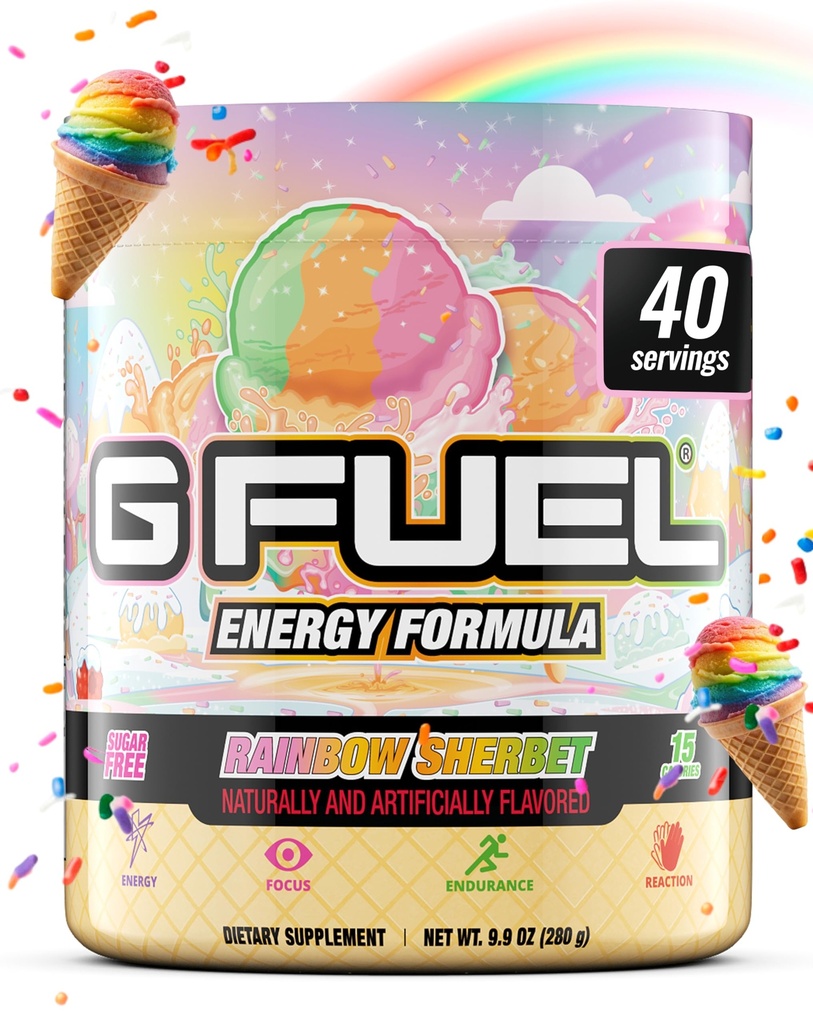 G Fuel Rainbow Sherbet Energy Drink Powder, Pre Workout Caffeine Mix for Gaming, Sugar Free Focus Amino, Vitamin + Antioxidants, 9.9oz (Rainbow Sherbet, 40 Servings)