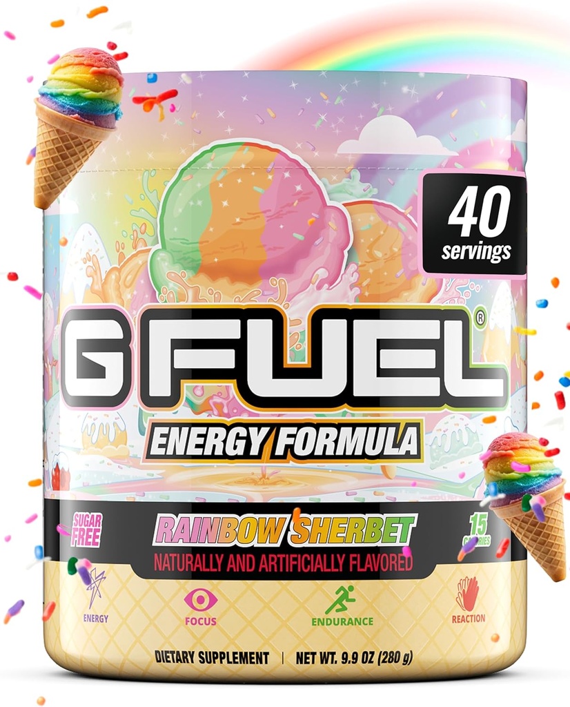 G Paliwo Rainbow Sherbet Energy Drink Powder, Przed treningiem Kofeina Mix do gry, Sugar Free Focus Amino, Witamina + Przeciwutleniacze, 9.9oz (Rainbow Sherbet, 40 Servings)