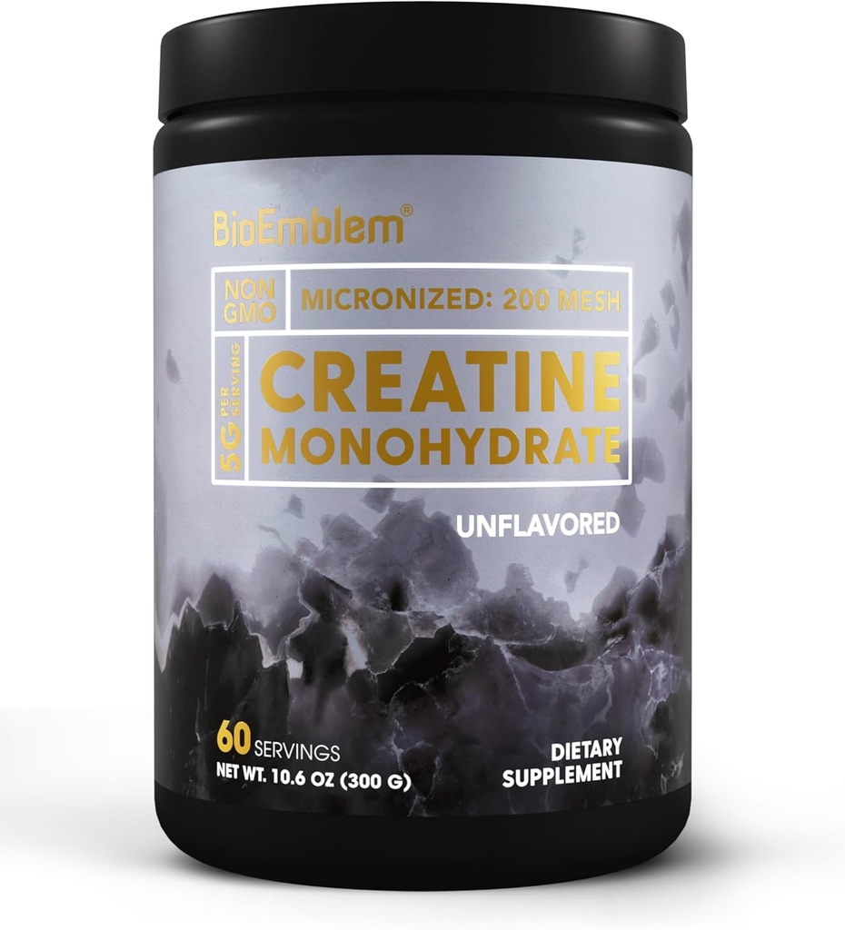 BioEmblem Creatine Monohydrate Powder – Micronized, Unflavored, 5000mg Per 서빙(5g) – 근육 강도, 운동 회복 및 성능 Creatine 보충교재– Vegan, Non-GMO, 60 서빙