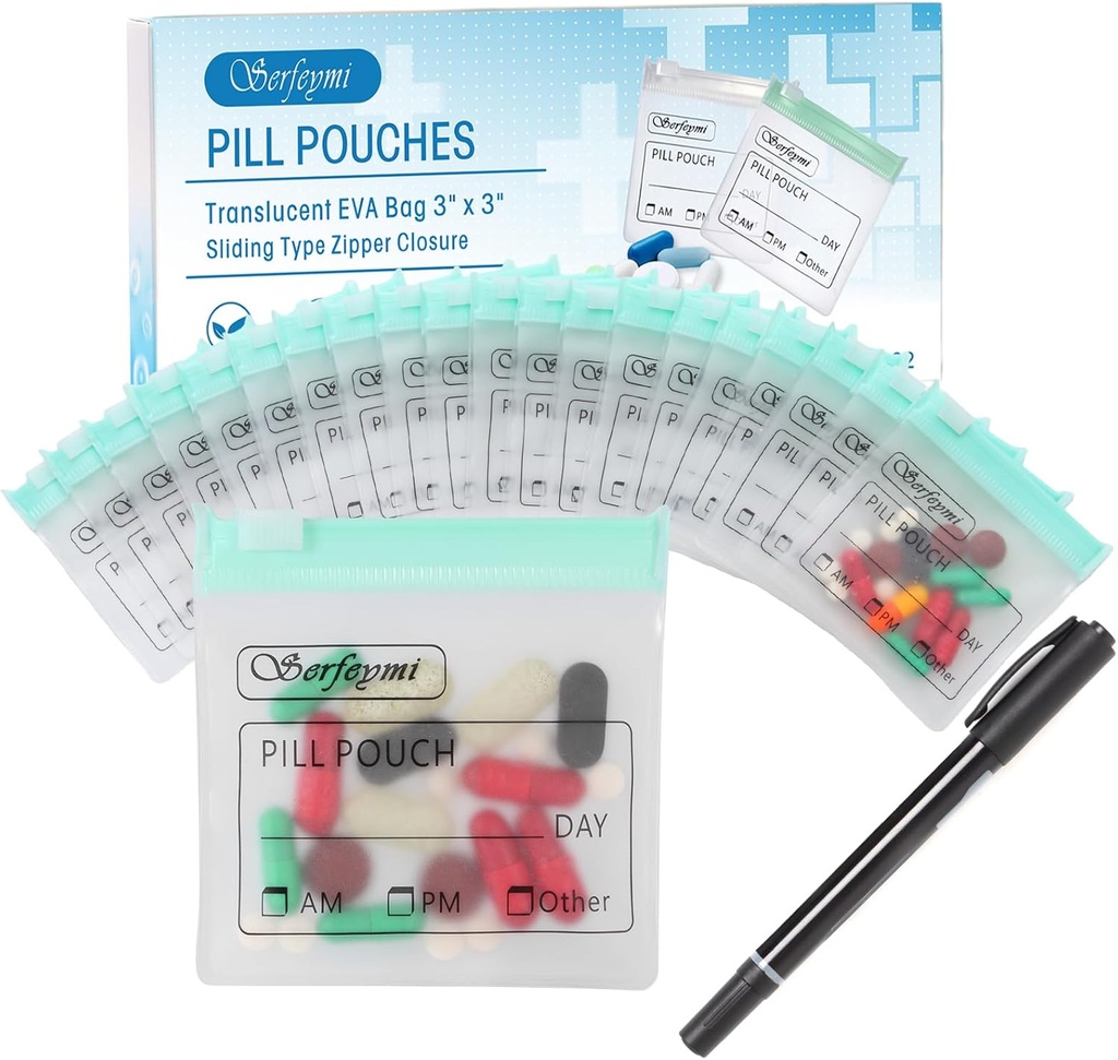 Serfeymi 32 Pcs Zippered Pill Pouches Organizer Plastic Bags 3 X 3 Inches 12 mil Self Seiling dengan Slide Lock Wrable Translucent Travel Travel Case dan 1 Pc Marker- Green
