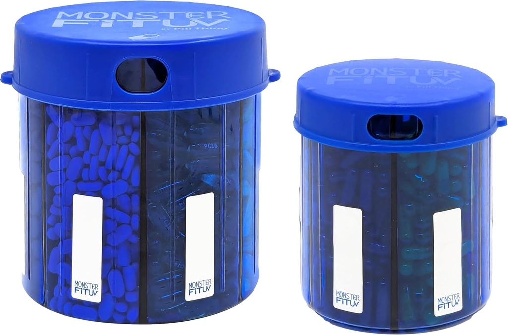 Monster Supplement Medicine Pill Dispenser With Compartment Labels - Extra Large Pill Container Bottle Handles Almost Any Supplement - Easy to Dispense (Monster Blue & Monster Jr. Blue)