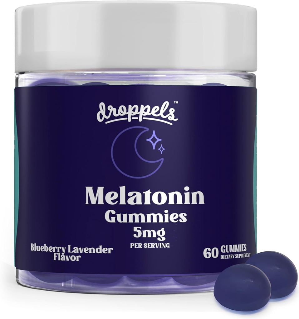 Droppels Melatonin Gummies, 5mg – Pflanzenbasiert, Vegan Melatonin 5mg für natürliche Schlafunterstützung mit Kamilleextrakt, 60 Zähler, Blaubeeren Geschmack (1-Monat-Versorgung)