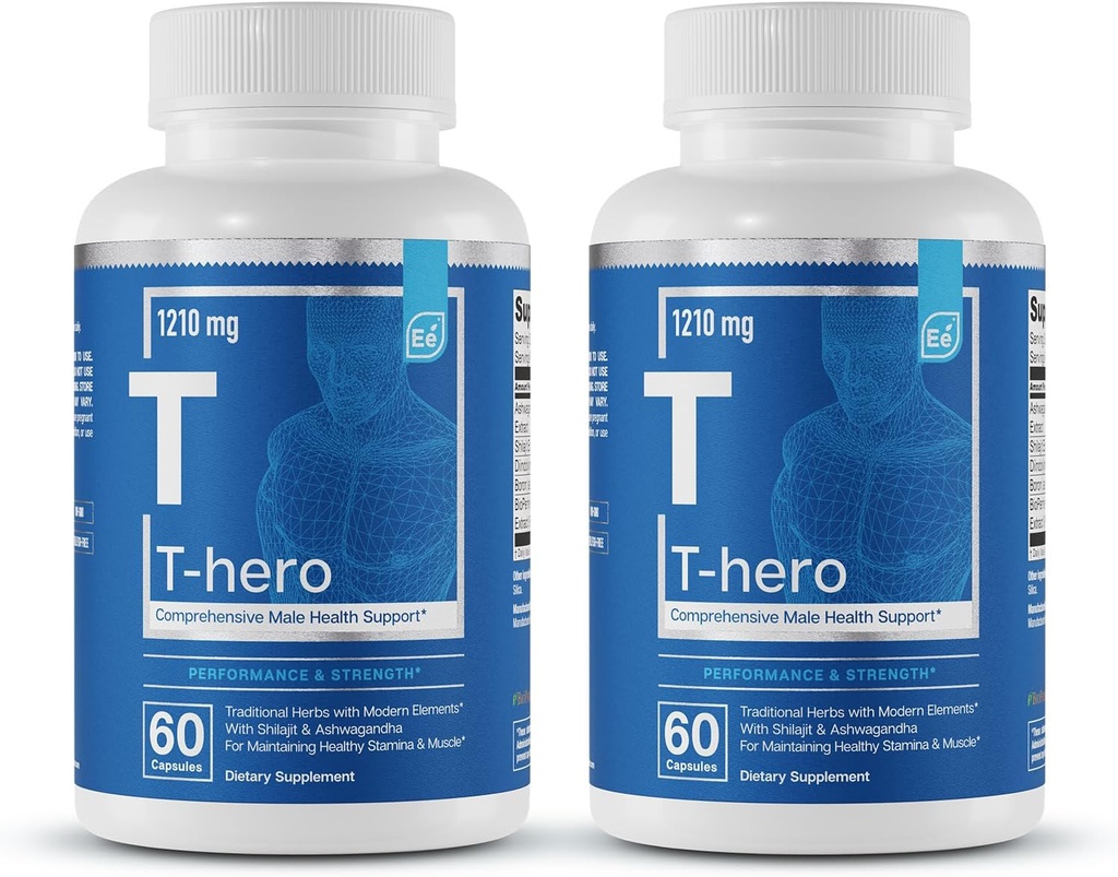 Elementi essenziali T-Hero - Supporto di testosterone giornaliero per gli uomini - Promuove Vitality & Drive - con Ashwagandha, Shilajit, Boron, DIM - 60 Conte - 30 Serve (2-Pack)