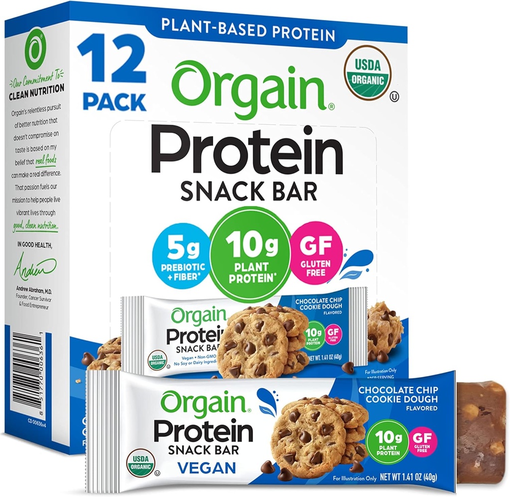 Orgain Organic Vegan Protein Bars, Chocolate Chip Cookie Dough - 10 g roślin na bazie białka, niskie Calorie zdrowe przekąski, bez laktozy lub składników sojowych, Gluten Free, Non-GMO - 1.41 Oz (Opakowanie 12)