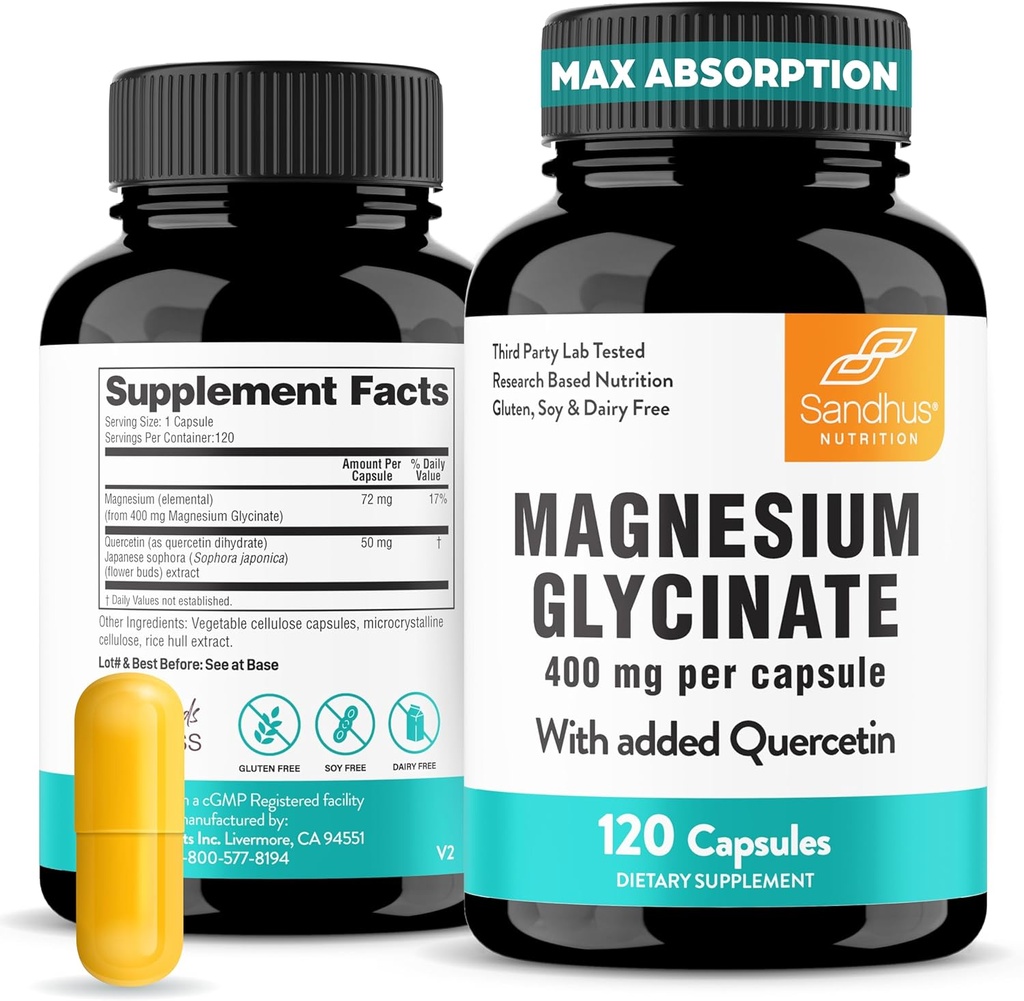 Sandhu 's Magnesium Glycinate 400mg kapsler med Quercetin Note 124; Quality Sleep, Relaxation, Muscle Health & immunsupport