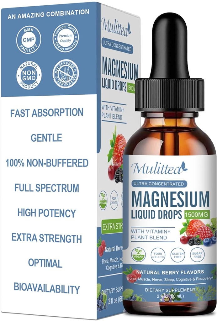 Magnesium Glycinate Liquid Drop - Triple Absorption Supplement för att stödja nerver, sömn, lugn, hjärta, muskler * - Sockerfri med kalium, L-Theanin, Sea Moss, vitamin B, C, D3, K2-1Pack