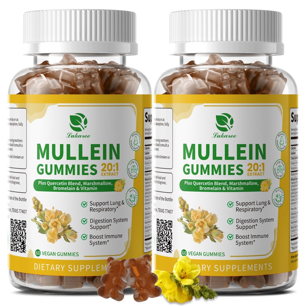 (2 Pack) 9 in 1 Mullein Gummies for Lung Cleanse & Lymphatic Drainage*, Extra Strength Mullein Leaf Extract w/Quercetin, Bromelain, Elderberry & Marshmallow for Respiratory & Immunity,Vegan,120 Count