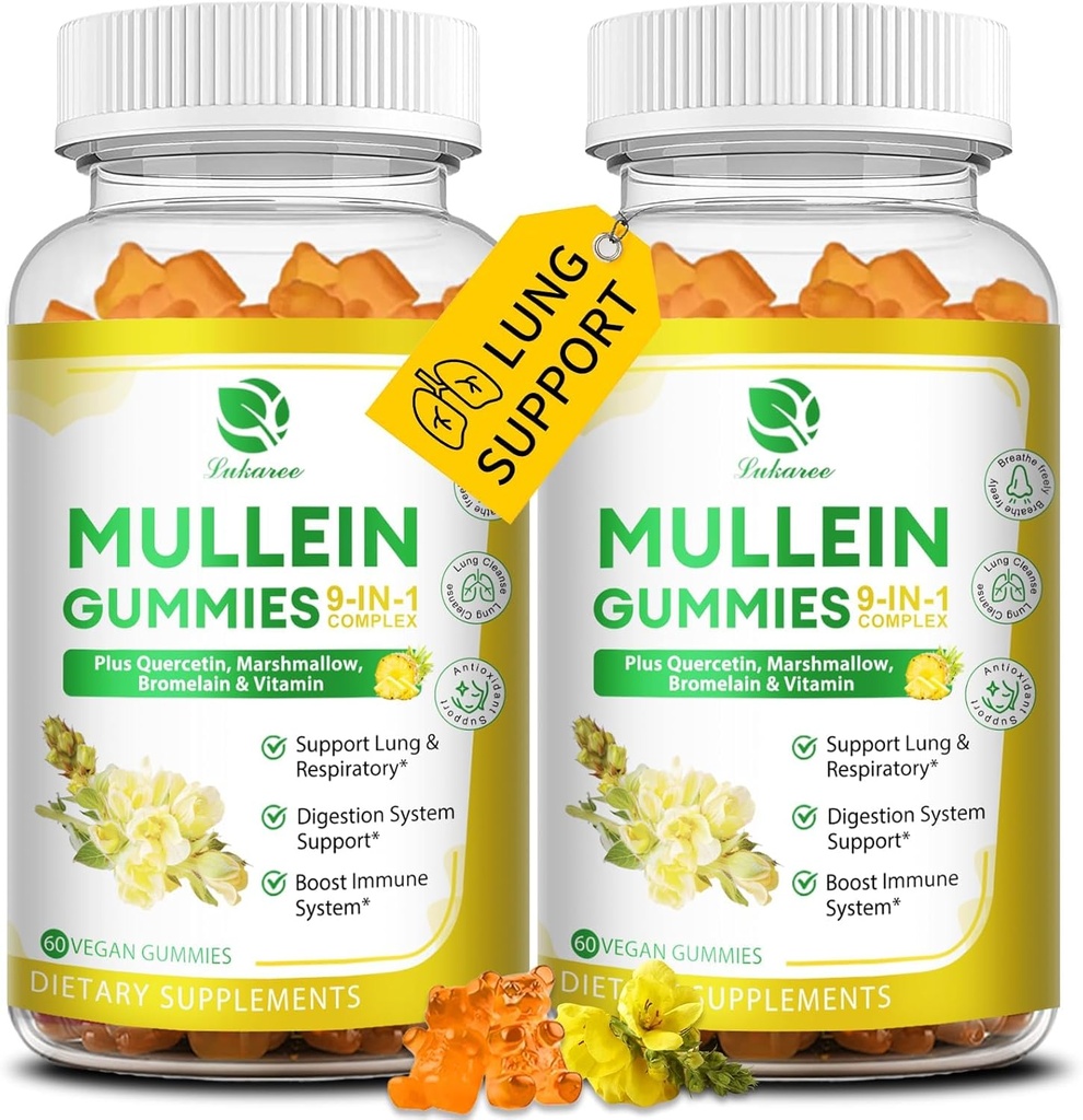 (2包)9分1的Mullein Gummys用于肺清洁和除毒,Extrastrong Mullein Leaf Excert w/Quercetin, Bromelain, Merderberry & Marshmallow用于呼吸, Imune & Digestive, Vegan, 120 计数