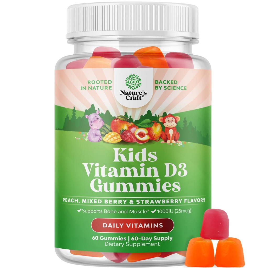 Chewable Vitamin D Gummies for Kids-Delicious Kids Vitamin D 1000 IU Per Serving Gummy Vitamins for and Toddlers Immune Support Plus Muscle Teeth and Bone Health - Gelatin Free Fruit Flavors 60 Count