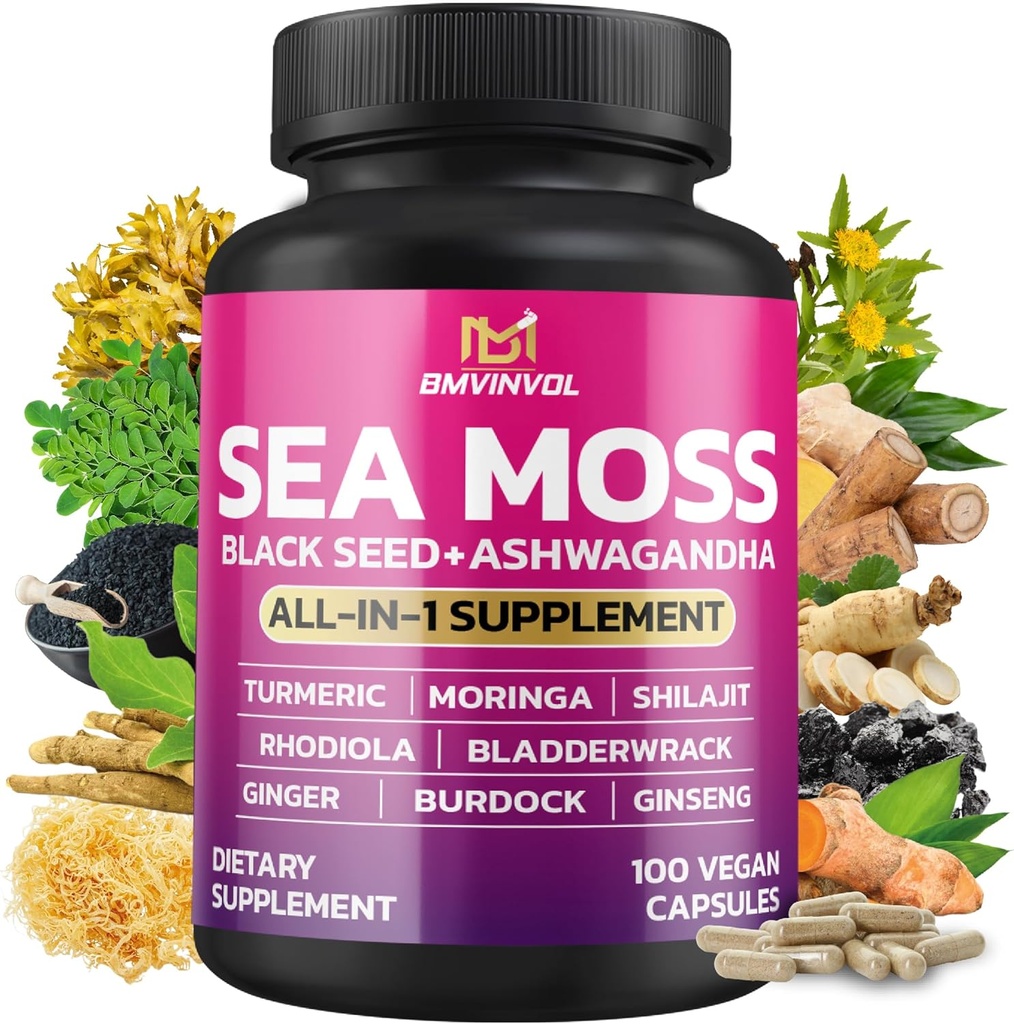 BMVINVOL Sea Moss Μαύρος Σπόρος Shilajit Ashwagandha + Bladderwrack, Ginger, Moringa, Turmeric, Burdock, Ginseng, Rhodiola Rosea - 100 Κάψουλες