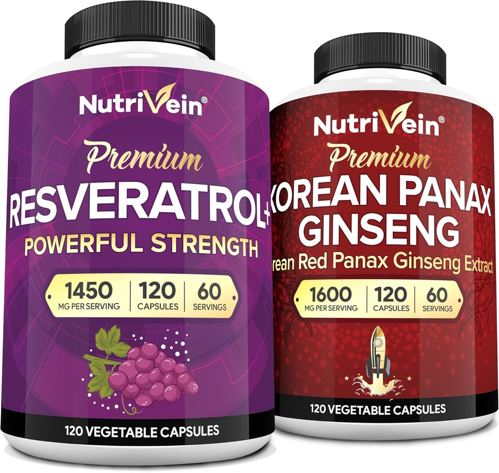Nutrivein Premium Korean Panax Ginseng Supplement & Resveratrol Supplement Bundle: Hoge absorptie Resveratrol Capsules & Ginseng voor hersenen, verdedigingen, reparatie, & vitaliteit