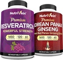 Nutrivein Premium Korean Panax Ginseng Supplement & Resveratrol Supplement Bundle: Capsules et Ginseng à haute absorption pour le cerveau, la défense, la réparation et la vitalité