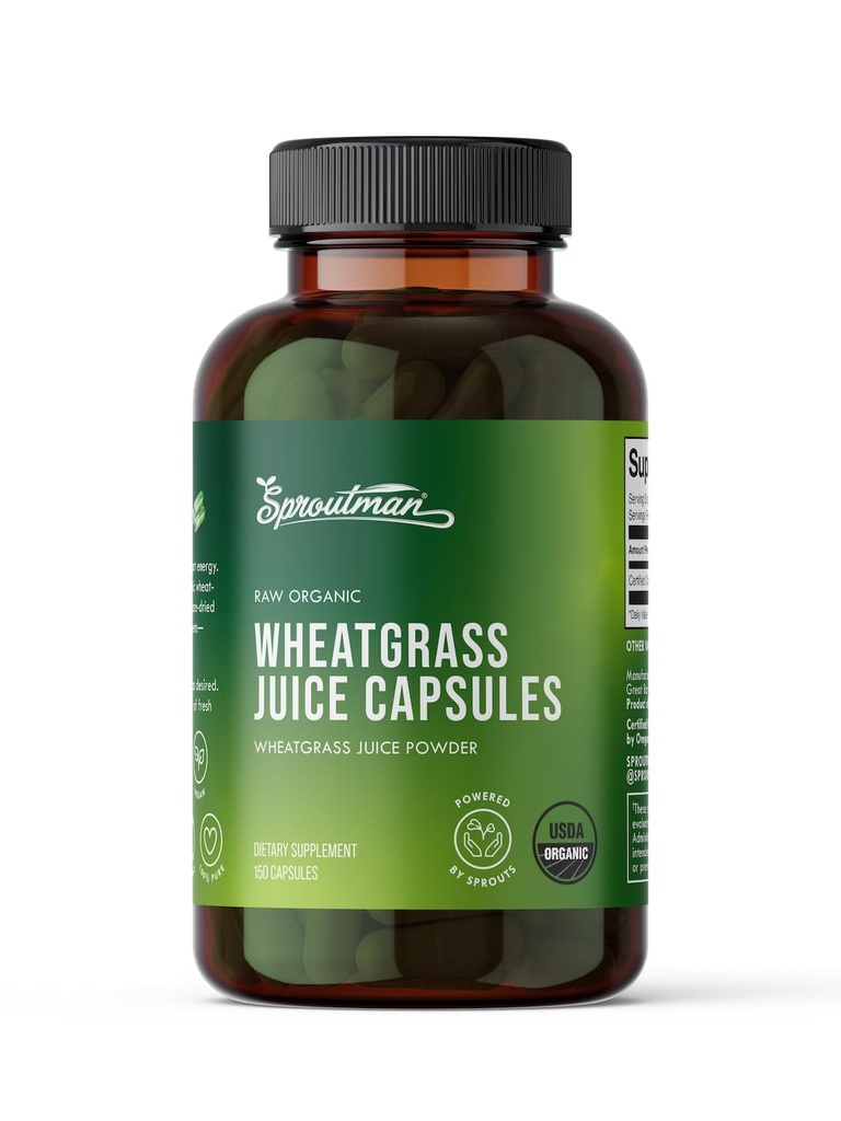 Organic Wheatgrass Juice Powder Capsules by Sproutman - 100% Pure Wheatgrass - Aids Digestion - High in Vitamins, Antioxidants, Chlorophyll, Enzymes, Minerals & Energy (150 Pills)