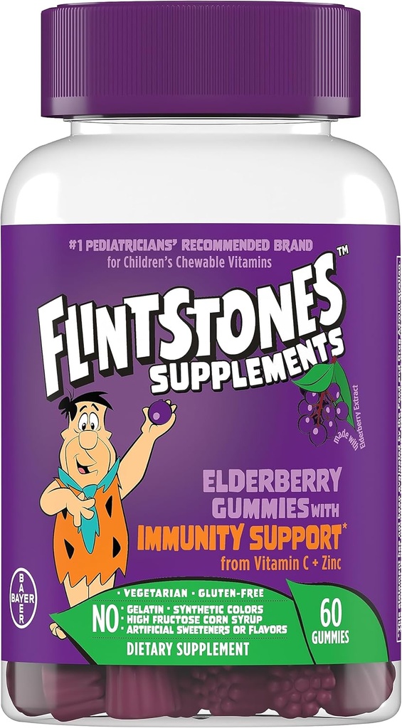 Flintstones Vitamine Elderberry Gummis für Kinder mit Immunität Unterstützung von Vitamin C & Zink, Immununterstützung Gummis, Multivitamin für Kinder, Glutenfrei, 60 Count
