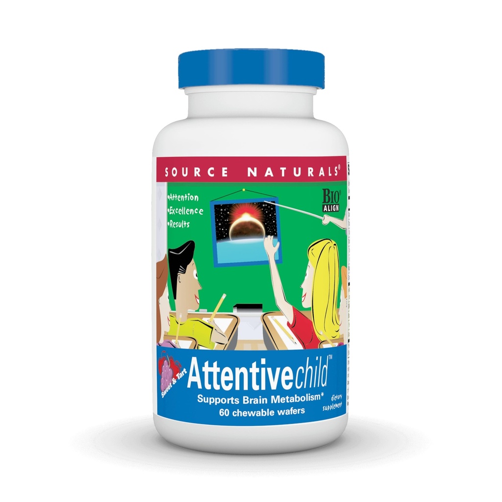 Source Naturals Attentive Child - Healthy Cognitive Nutrients for Active Children - Improved Focus & Attention with DMAE, Magnesium, Zinc & Grape Seed Extract - 60 Chewable Wafers.