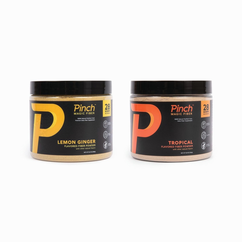 Pinch Magic Fiber | Prebiotic Supplement for Digestive Health | Psyllium Husk Powder | Keto, Vegan, Sugar-Free | Tropical & Lemon Ginger Flavors | USA-Made | 28-Day Supply for All