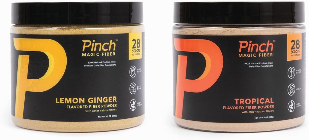 Pinch Magic Fiber | Prebiotic Supplement for Digestive Health | Psyllium Husk Powder | Keto, Vegan, Sugar-Free | Tropical & Lemon Ginger Flavors | USA-Made | 28-Day Supply for All